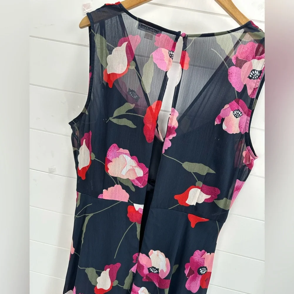 Calvin Klein Floral Sleeveless Chiffon High-Low Dress Navy Pink Red Elegant 12 - Picture 9 of 12